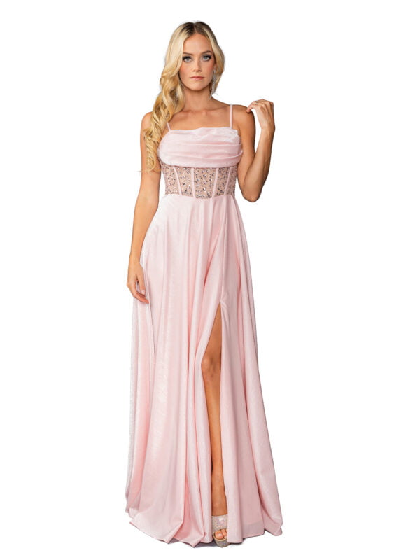 Sleeveless Draped Neck A-Line Prom Dress with Beaded Midriff and Slit