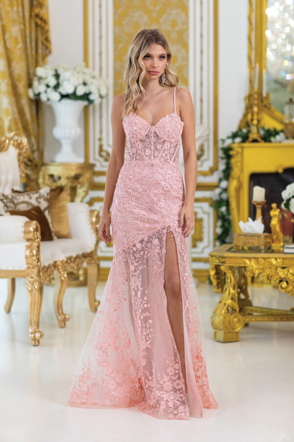 Blush Sleeveless Floral Lace Sheath Prom Dress with High Slit