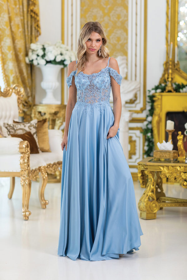 Cold-Shoulder Floral Lace Corset A-Line Prom Dress with Pleated Skirt