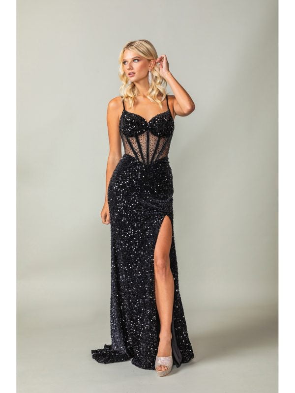 Spaghetti Strap Sequin Sheath Prom Dress with High Leg Slit