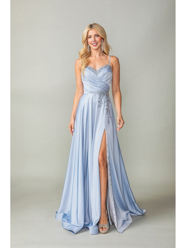 Spaghetti Strap Sweetheart Beaded Applique A-Line Prom Dress with Slit