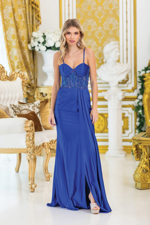 Sleeveless Beaded Corset Sheath Prom Dress with Draped Slit Skirt