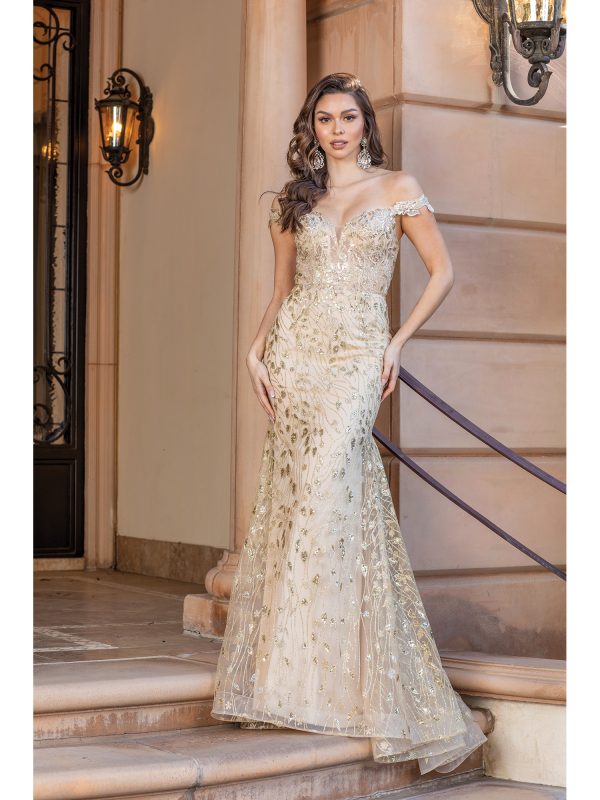 Off-the-Shoulder Sweetheart Sequin Floral Mermaid Prom Dress with Flared Train
