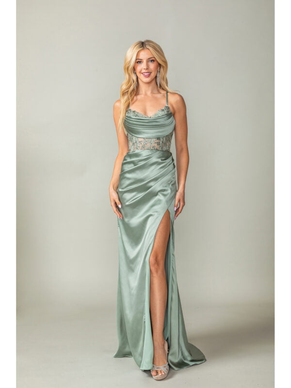 Sleeveless Draped Neck Sheath Prom Dress with Lace Midriff and Slit