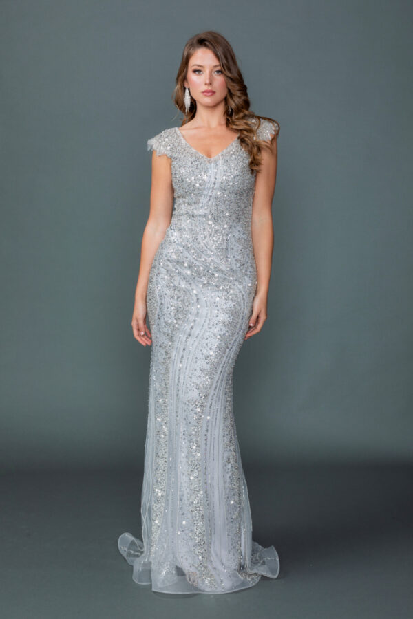 Sleeveless Beaded Lace Prom Dress with Draped Satin Skirt