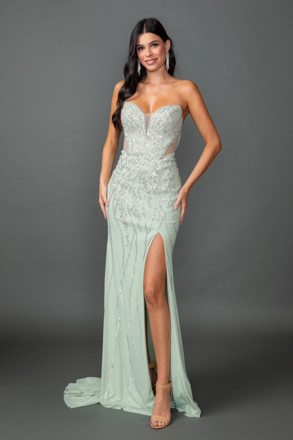 Strapless Sweetheart Beaded Corset Sheath Prom Dress with High Slit
