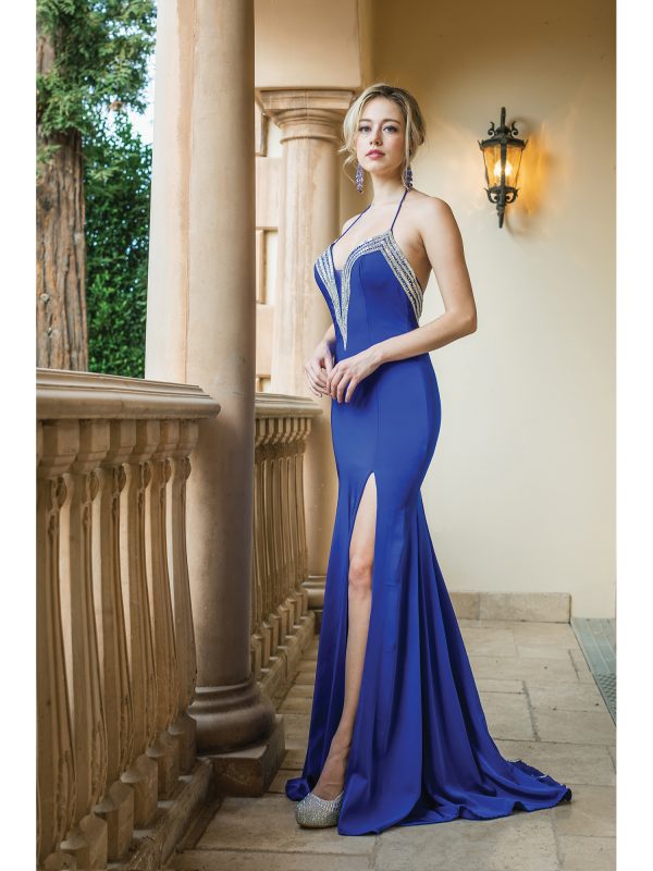 Halter Plunging V-Neck Beaded Trim Mermaid Prom Dress with Slit