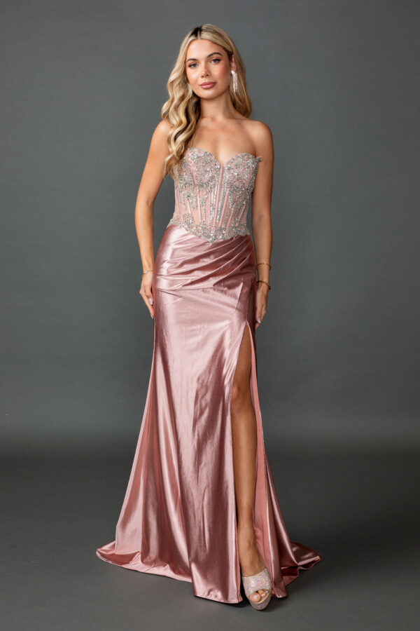 Strapless Sweetheart Beaded Corset Sheath Dress with Draped Slit Skirt