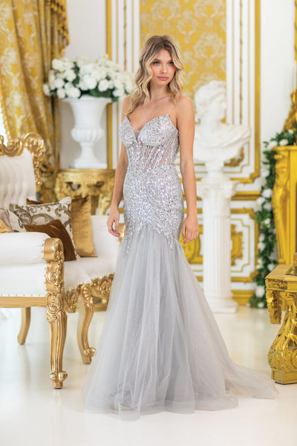 Strapless Sequined Corset Mermaid Prom Dress with Flared Tulle Skirt
