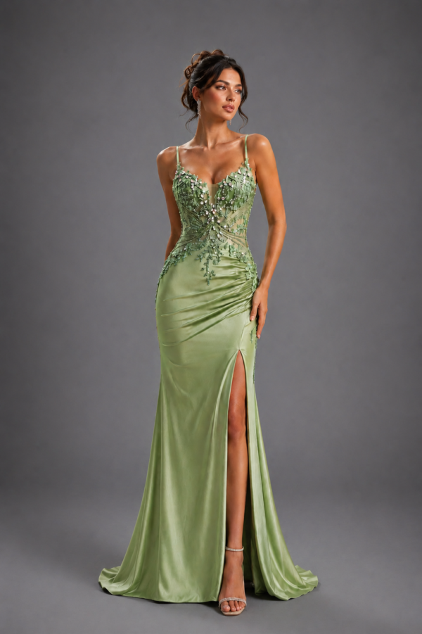 Sleeveless V-Neck Floral Beaded Sheath Prom Dress with Draped Slit
