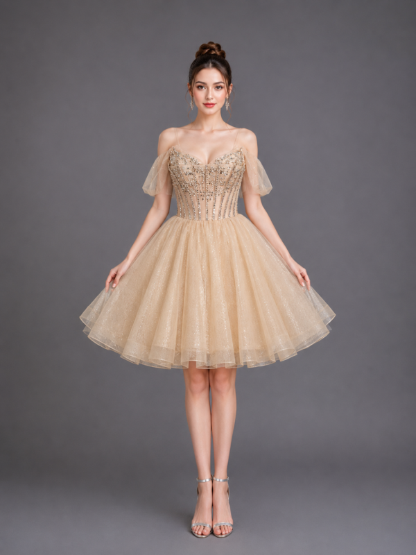 Spaghetti Strap Beaded Illusion Corset Homecoming Dress