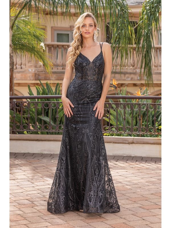 Sleeveless V-Neck Patterned Sequin Mermaid Prom Dress with Sweep Train