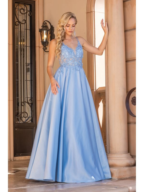 Sleeveless V-Neck Floral Lace Bodice A-Line Prom Dress with Flared Skirt