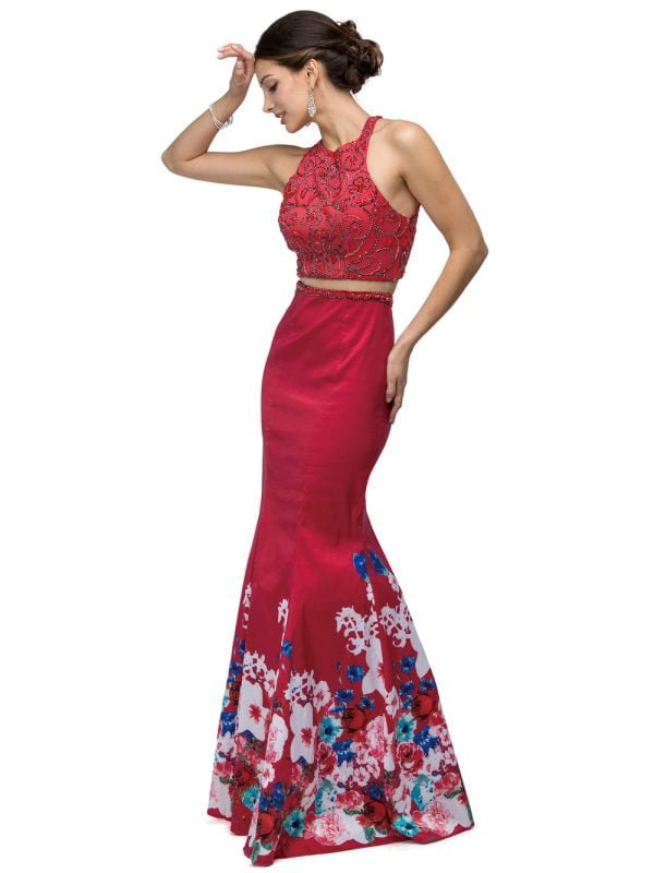 Sleeveless Halter Beaded Two-Piece Mermaid Prom Dress with Floral Hem