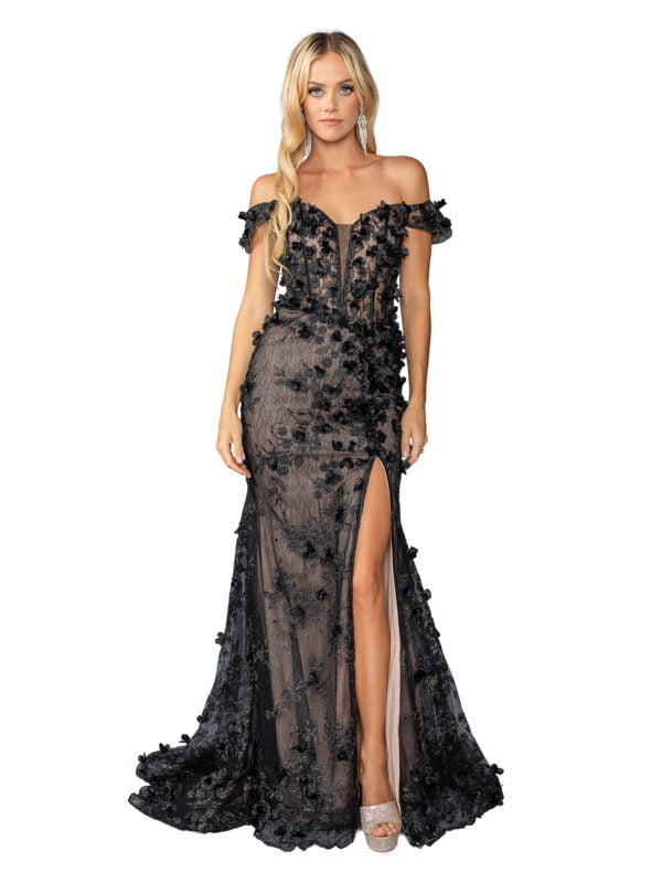 Off-the-Shoulder 3D Floral Lace Mermaid Prom Dress with High Slit