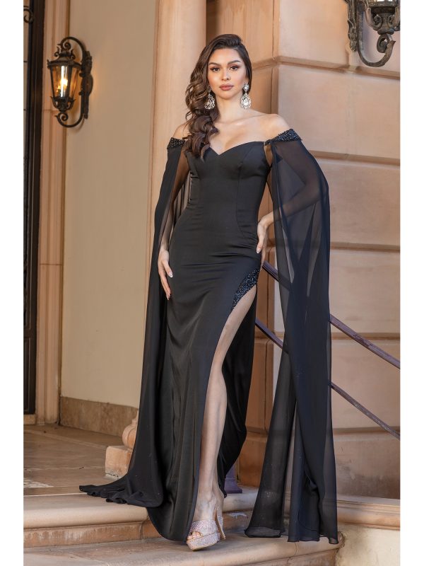 Off-the-Shoulder Beaded Sweetheart Sheath Prom Dress with Sheer Cape Sleeves