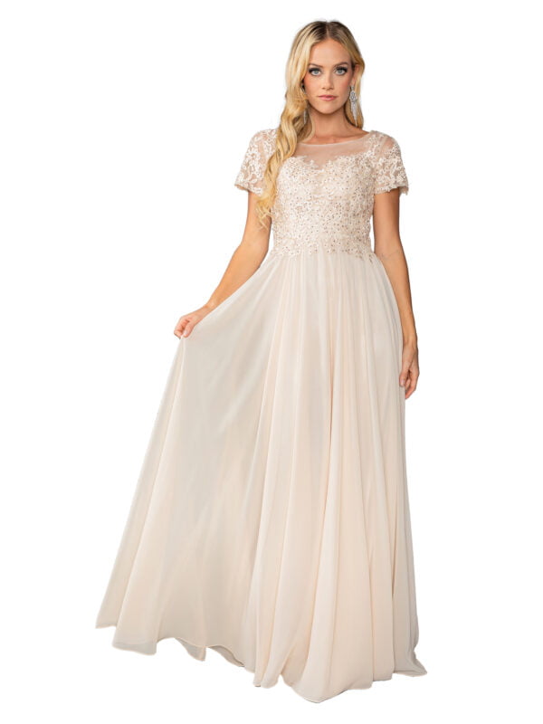 Short Sleeve Illusion Neck A-Line Prom Dress with Beaded Lace Bodice