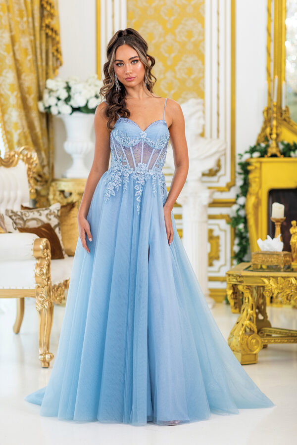 Sleeveless Floral Lace Corset A-Line Prom Dress with Slit Tulle Skirt