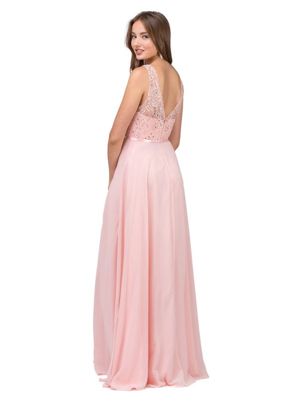 Sleeveless V-Back Beaded Lace A-Line Prom Dress with Flowy Skirt