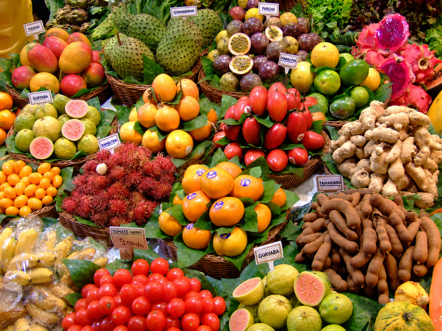 Fresh Puerto Rican fruits including guanabana, parcha, guayaba, and mango