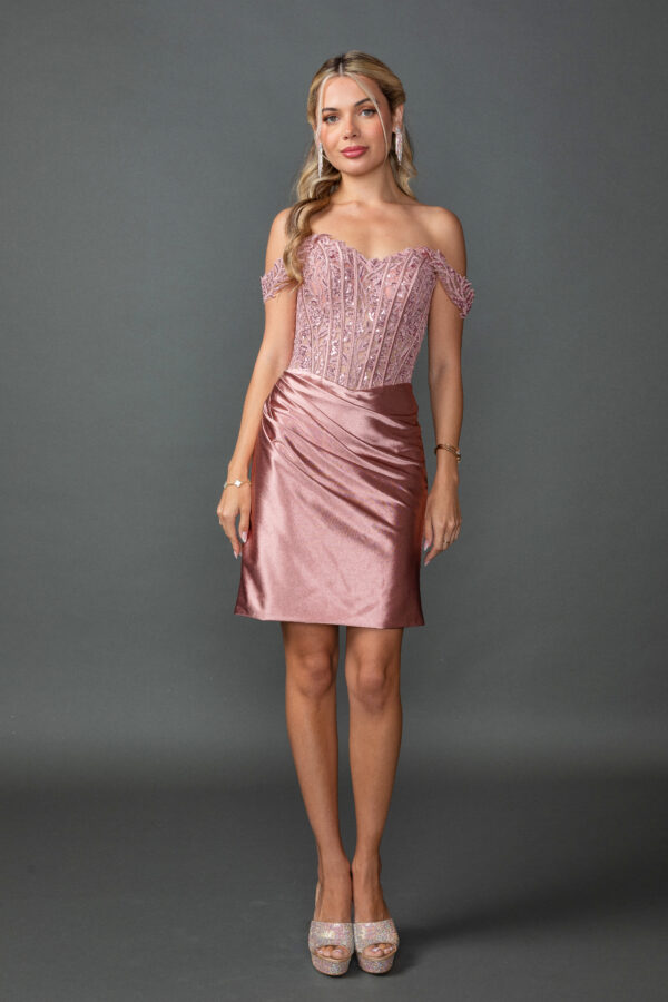 Off-Shoulder Sequined Corset Homecoming Dress with Glitter Accents