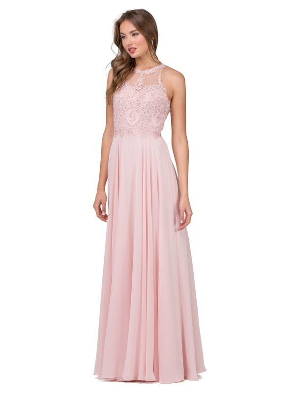 Sleeveless Illusion Halter Beaded Lace A-Line Prom Dress with Flowy Skirt