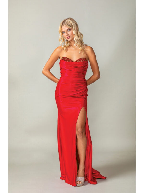 Strapless Sweetheart Ruched Sheath Prom Dress with Beaded Bust and Slit