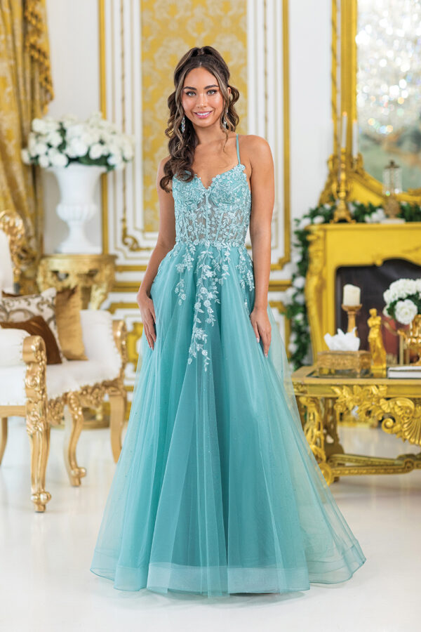 Sleeveless Sweetheart Corset Floral Lace A-Line Prom Dress with Tulle Skirt