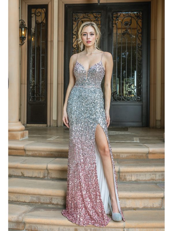 Sleeveless V-Neck Ombre Sequin Sheath Prom Dress with Front Slit