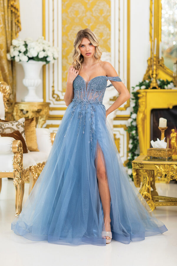 Off Shoulder Sweetheart Beaded Lace A-Line Prom Dress with Slit Skirt
