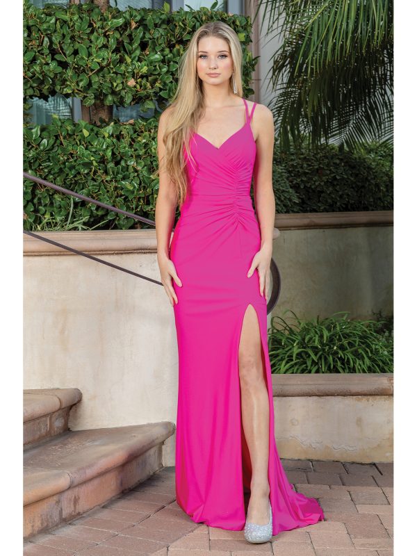Sleeveless V-Neck Ruched Sheath Prom Dress with High Leg Slit