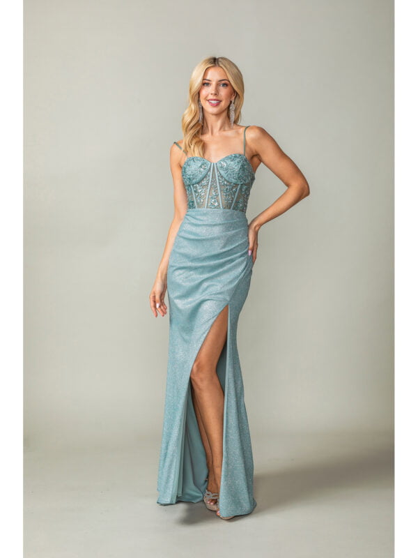 Spaghetti Strap Sweetheart Beaded Corset Sheath Prom Dress with Slit