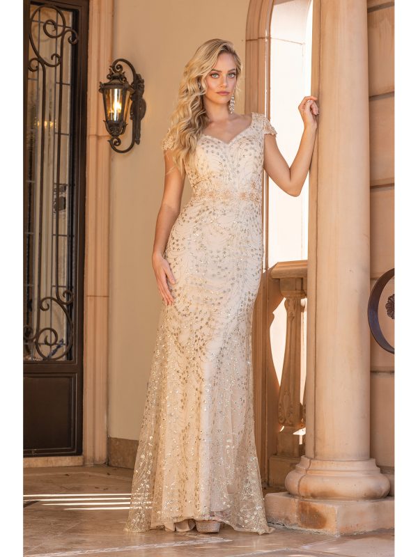 Cap Sleeve V-Neck Sequin Embellished Sheath Prom Dress with Sweep Train