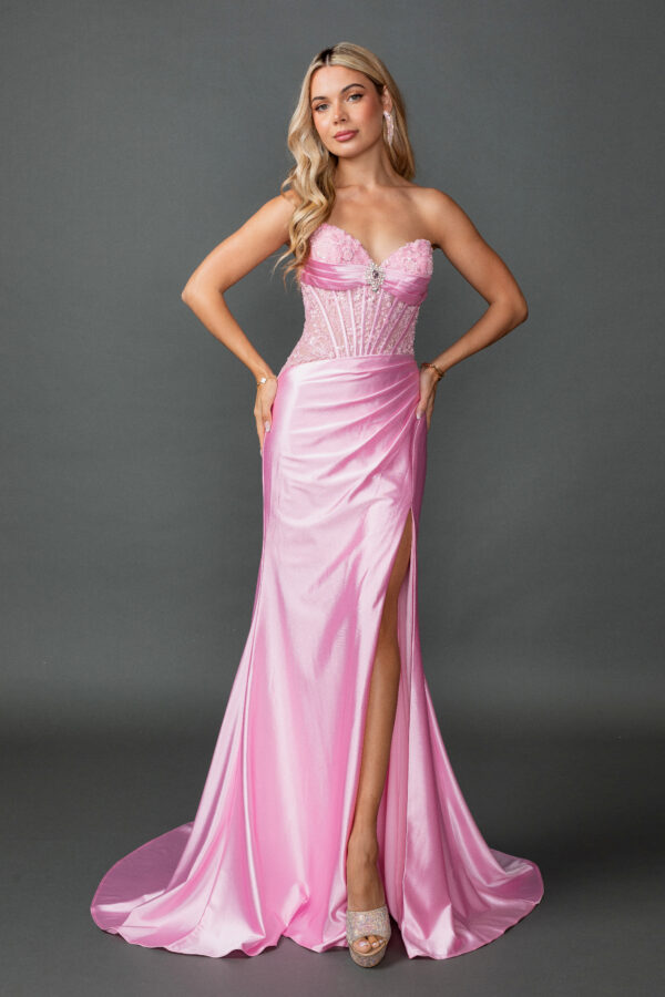 Strapless Floral Beaded Corset Prom Dress with Draped Slit Skirt
