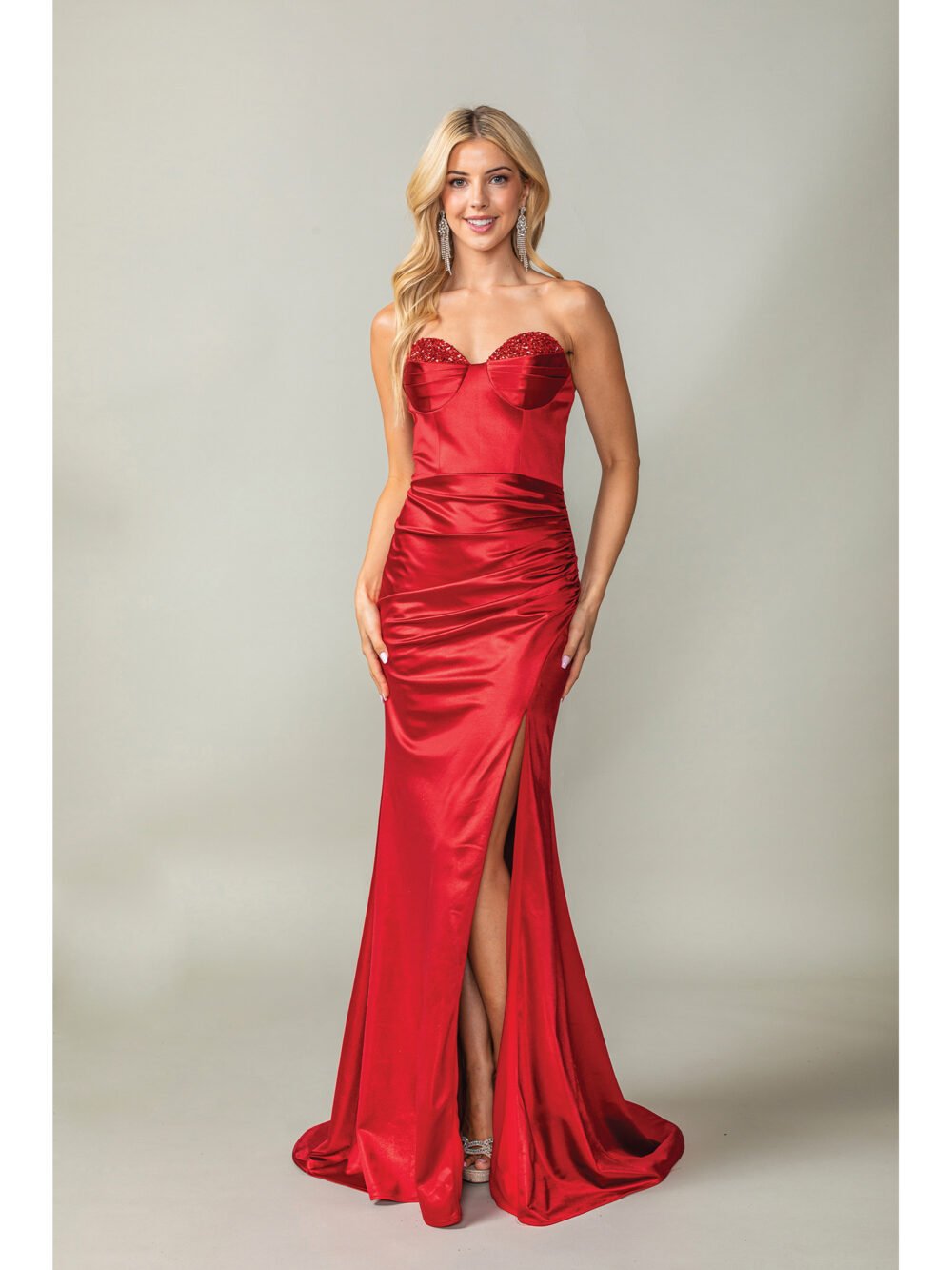 Ruched Satin Gown with Embellished Bustline - Style 4407