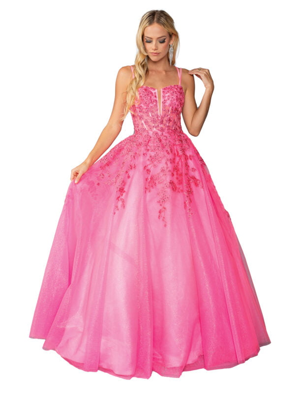 Sleeveless Sweetheart Corset Floral Appliqué A-Line Prom Dress with Full Skirt