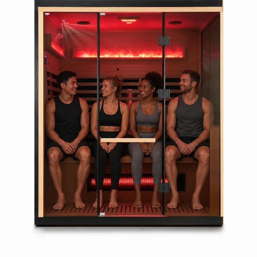 Rövia Ember 4-Person Full Spectrum Infrared Sauna – Canadian Hemlock Wood with Himalayan Salt Panels, Chromotherapy & Bluetooth (Made-To-Order)