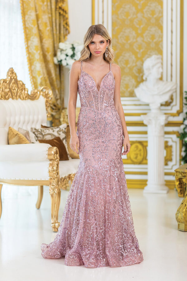 Sleeveless Plunging V-Neck Sequin Lace Mermaid Prom Dress with Corset Bodice