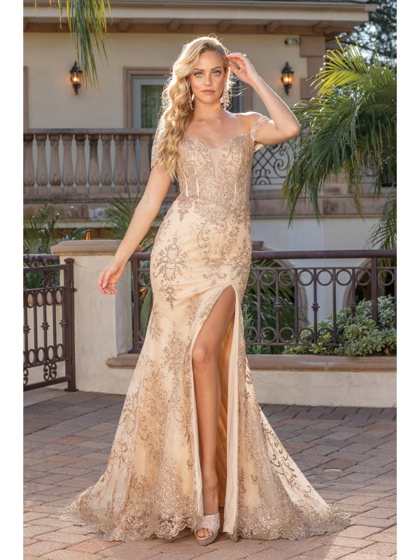 Off-the-Shoulder Floral Lace Mermaid Prom Dress with High Slit