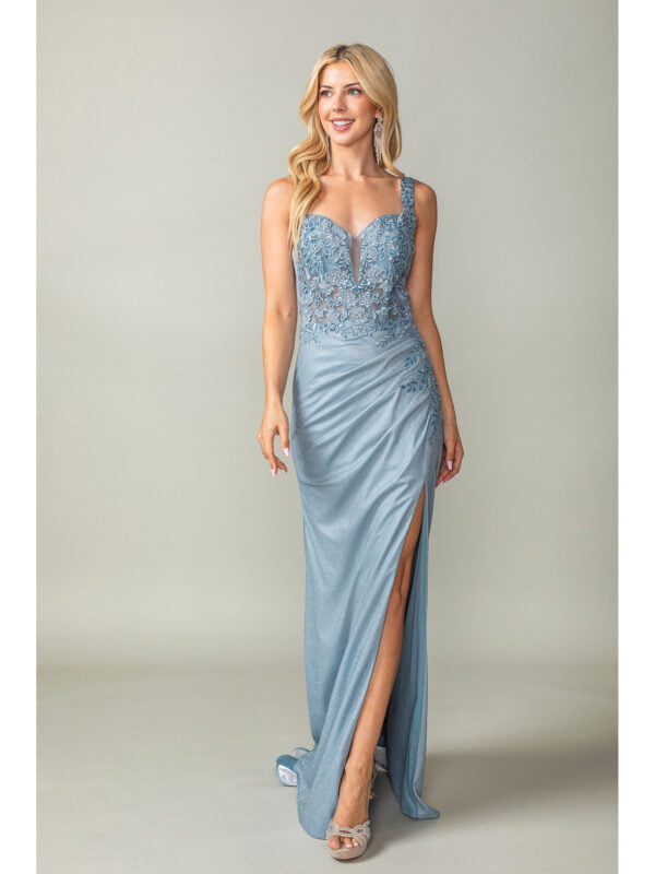 Sleeveless Sweetheart Beaded Lace Sheath Prom Dress with Slit Skirt