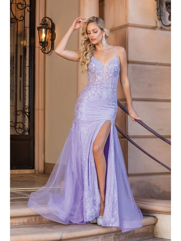 Sleeveless Sequin Floral Mermaid Prom Dress with Sheer Slit Overskirt