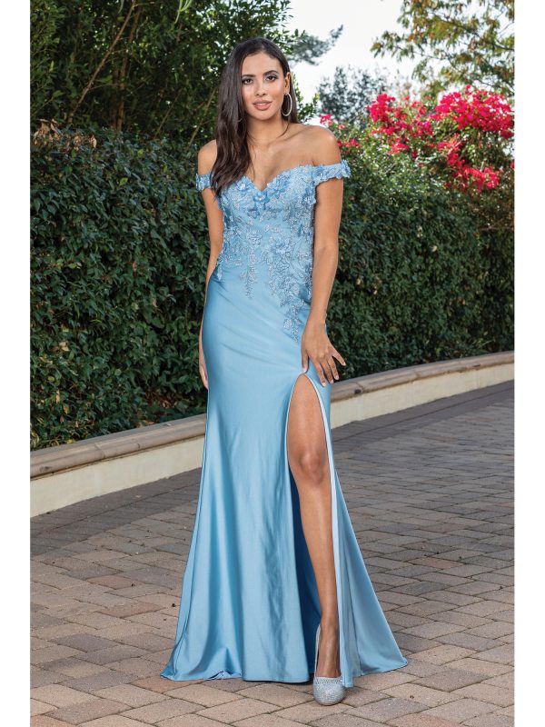 Off-the-Shoulder Sweetheart Floral Applique Sheath Prom Dress with High Slit
