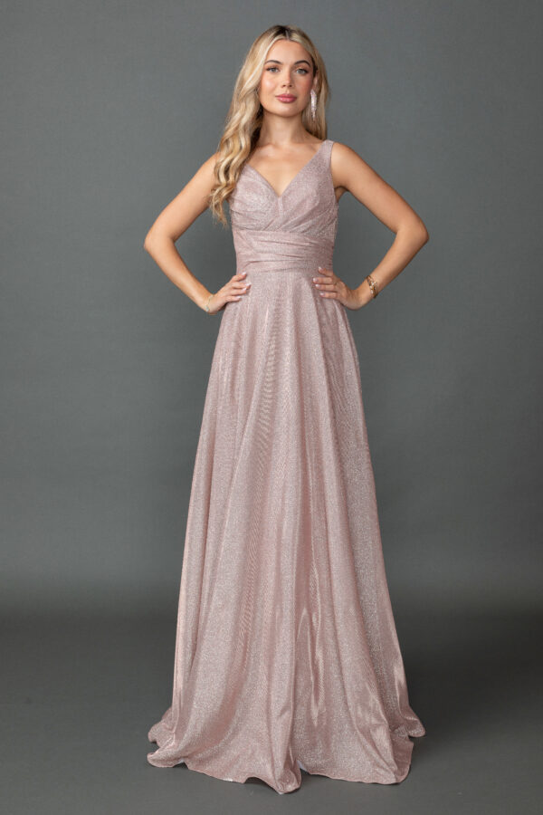 Sleeveless V-Neck Ruched Glitter A-Line Dress with Flowy Pleated Skirt