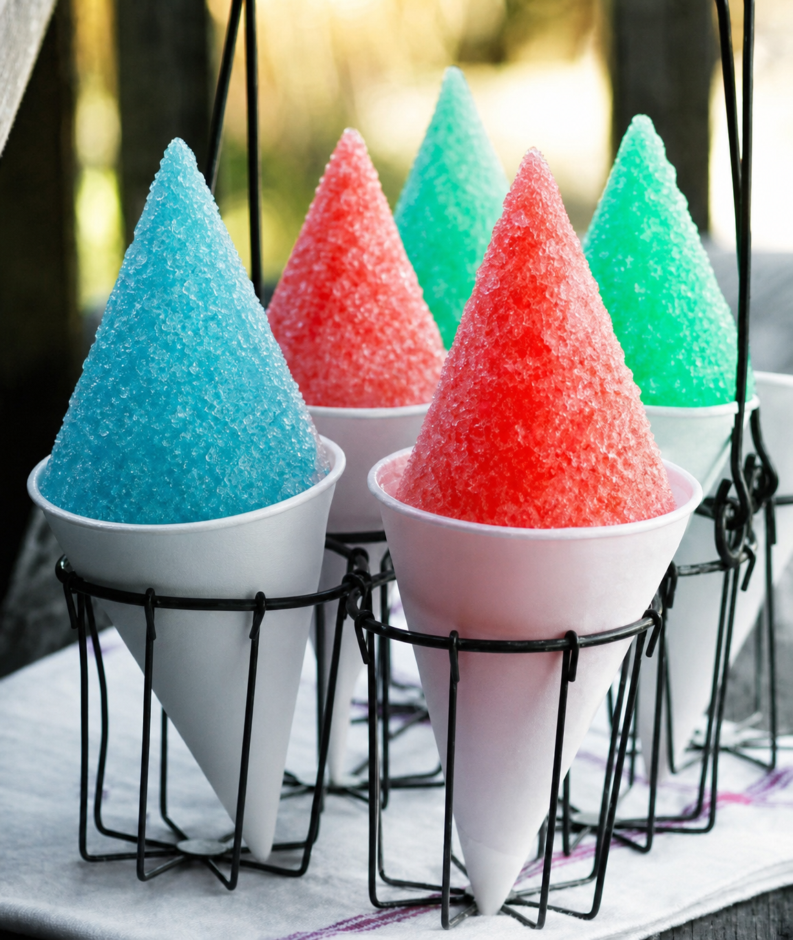 Traditional pointed piraguas, hand-shaved ice cones in paper cups