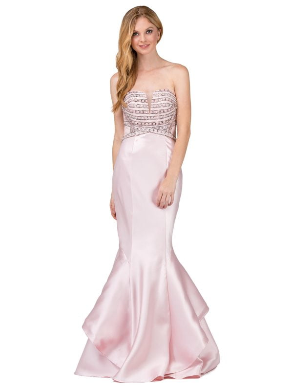 Strapless Beaded Bodice Mermaid Prom Dress with Flared Ruffled Skirt