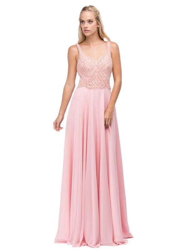Sleeveless V-Neck Beaded Lace Bodice A-Line Dress with Pleated Skirt