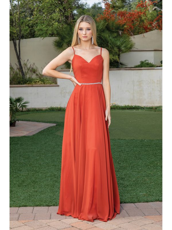 V-Neck Spaghetti Strap A-Line Prom Dress with Rhinestone Waist Belt