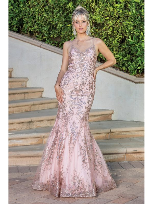 Sleeveless V-Neck Sequined Lace Mermaid Prom Dress with Tulle Skirt