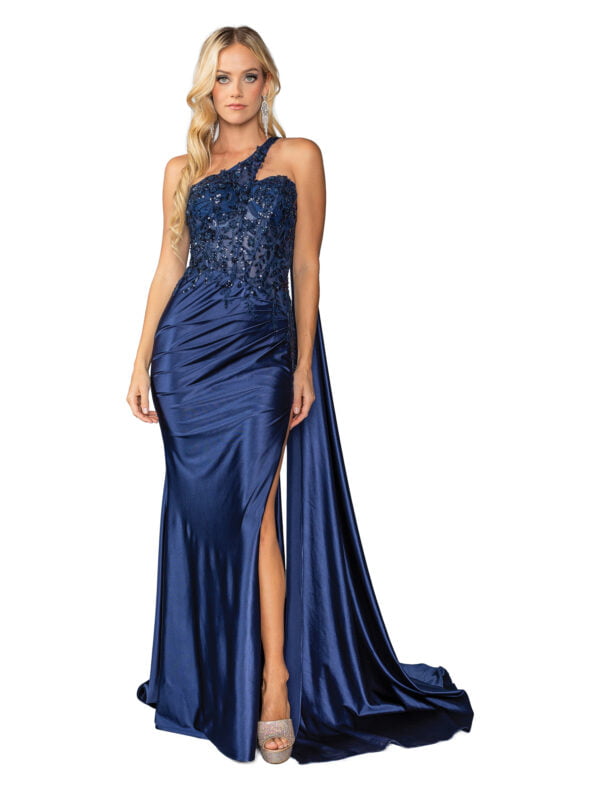 One-Shoulder Beaded Sheath Prom Dress with Ruched Skirt and Train