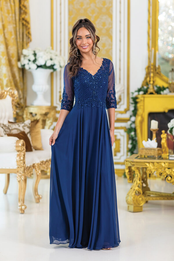 V-Neck Three-Quarter Sleeve Beaded Lace A-Line Prom Dress with Flowy Skirt
